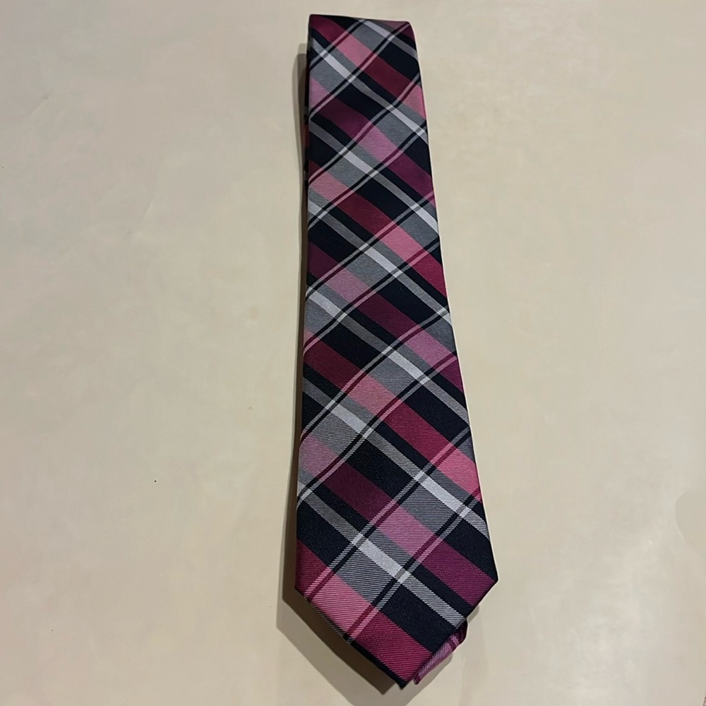 Express Plaid blue white pink silk tie
